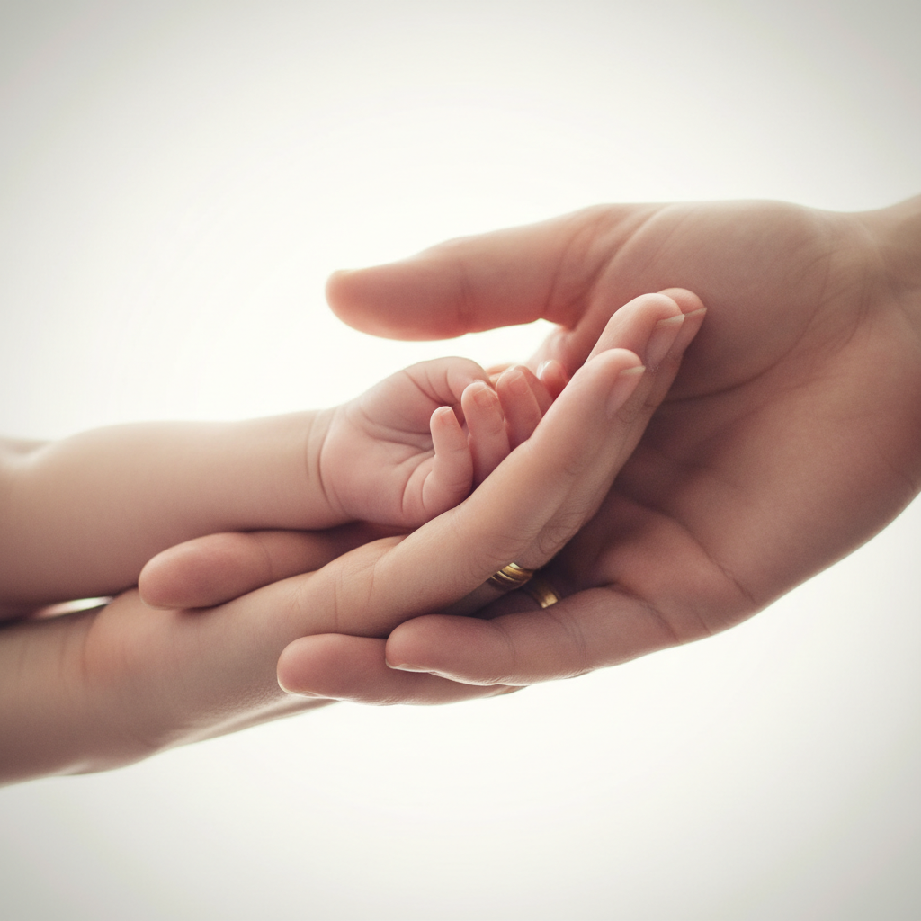 Eine erwachsene Hand hält sanft die kleine Hand eines Babys.