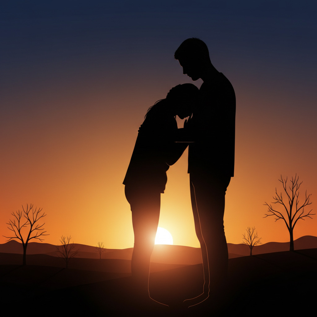 Die Silhouette eines Paares, das sich vor einem Sonnenuntergang in einer kargen Landschaft tröstend umarmt.